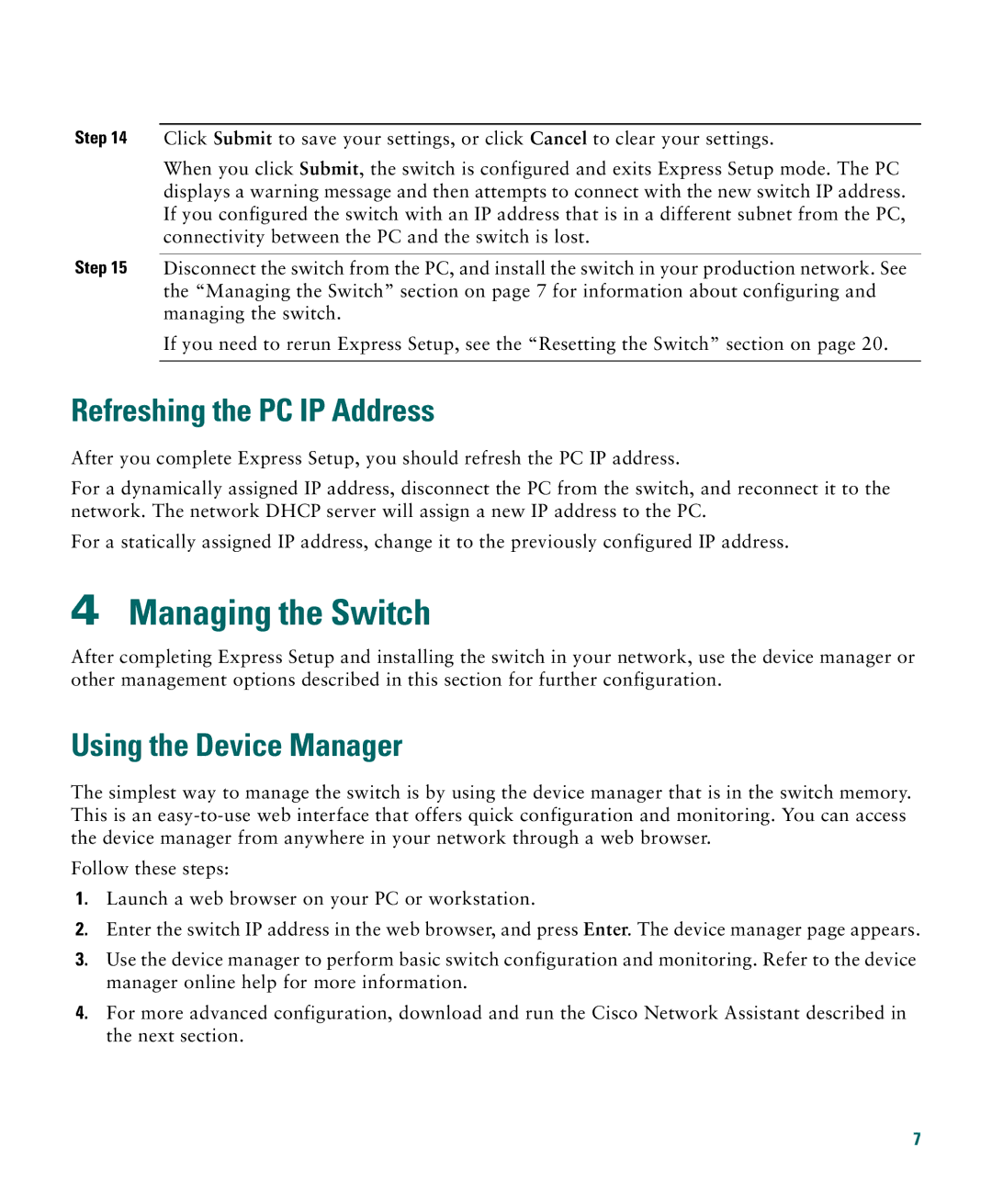 Cisco Systems CATALYST 2950 manual Managing the Switch, Refreshing the PC IP Address, Using the Device Manager 