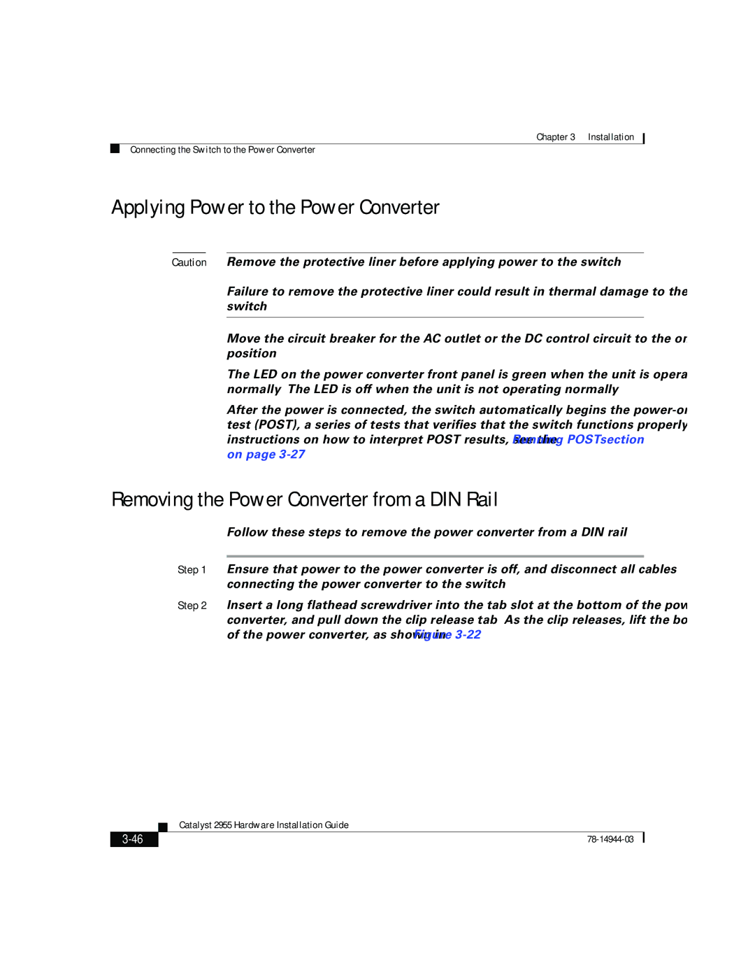 Cisco Systems Catalyst 2955 manual Applying Power to the Power Converter, Removing the Power Converter from a DIN Rail 