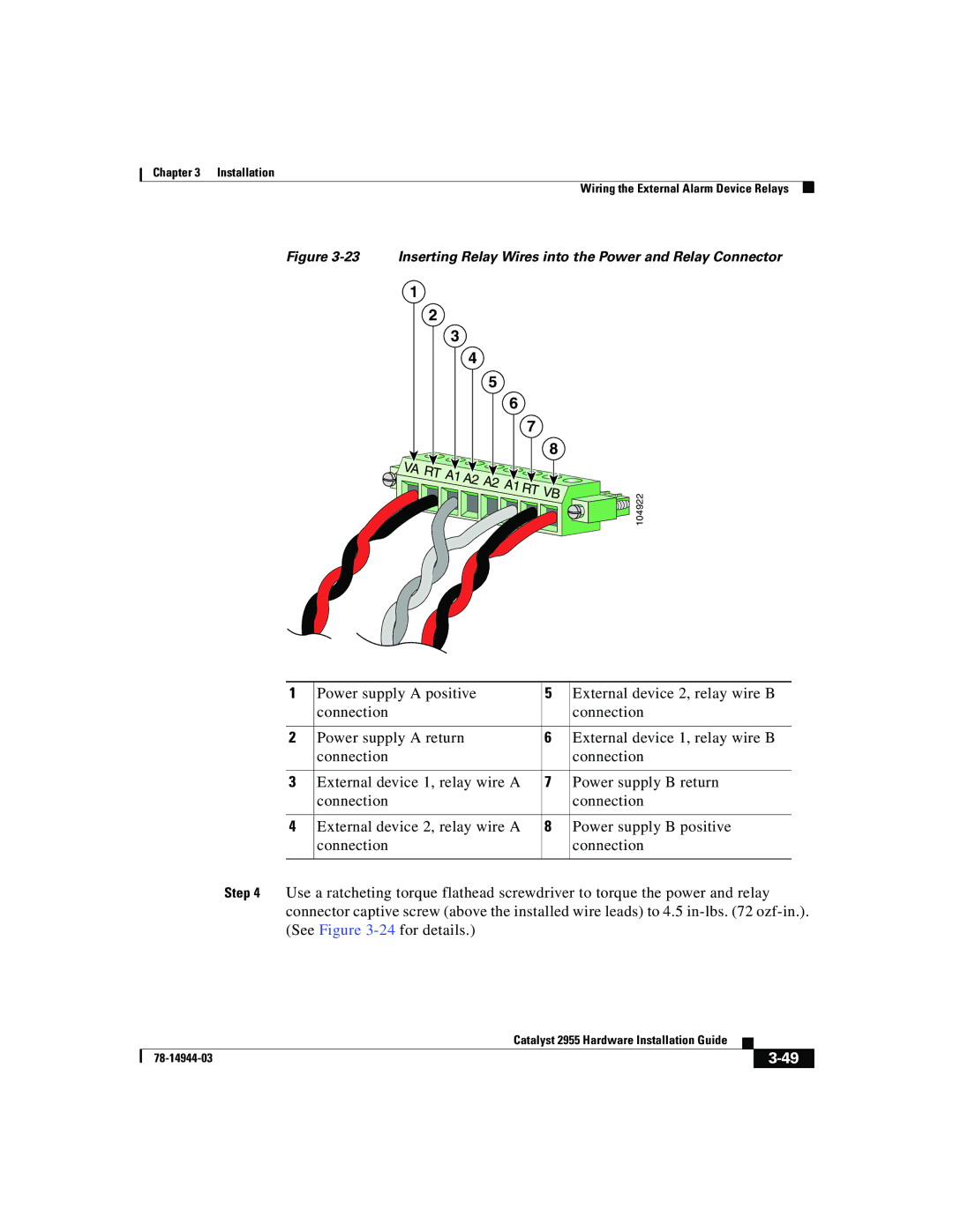 Cisco Systems Catalyst 2955 manual Inserting Relay Wires into the Power and Relay Connector 