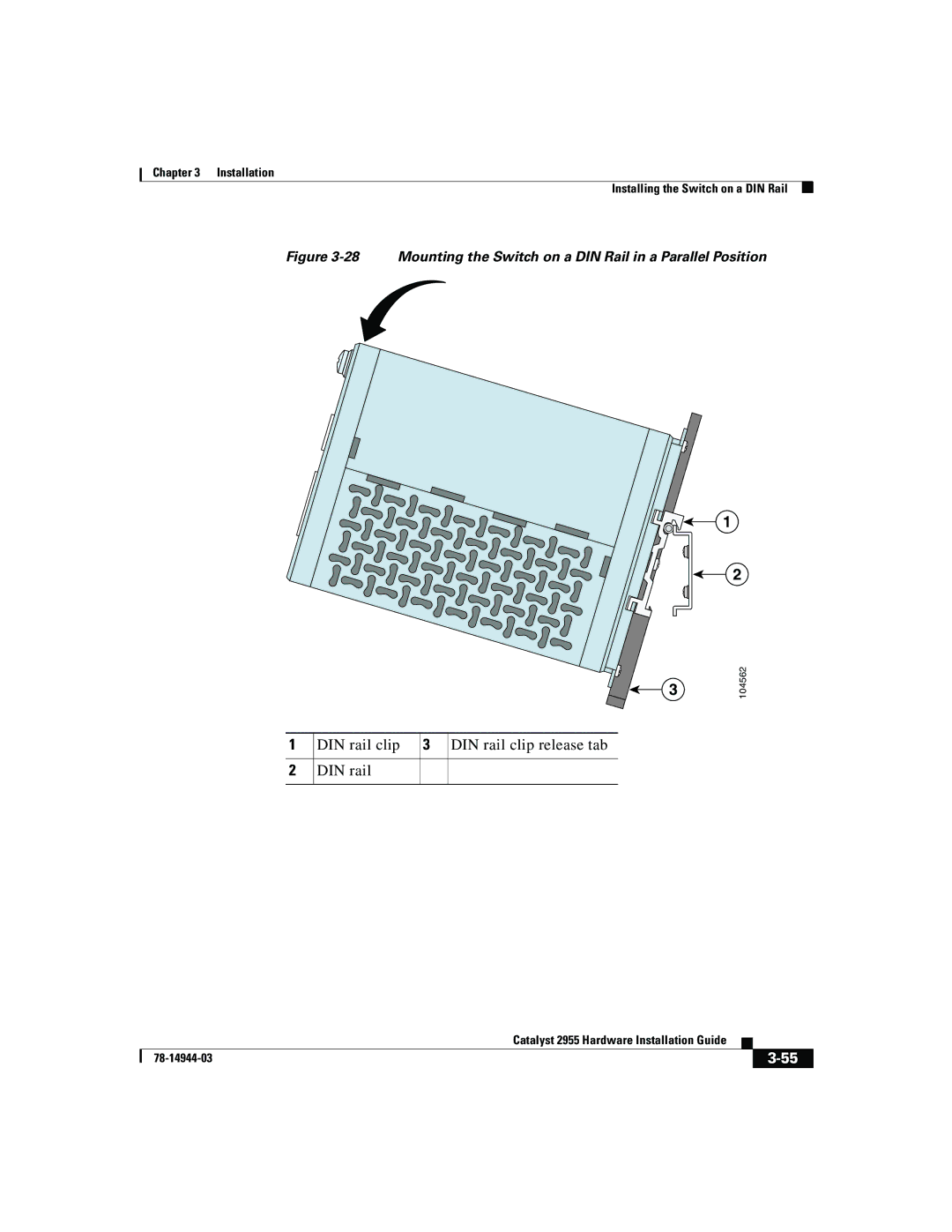 Cisco Systems Catalyst 2955 manual DIN rail clip 3 DIN rail clip release tab 