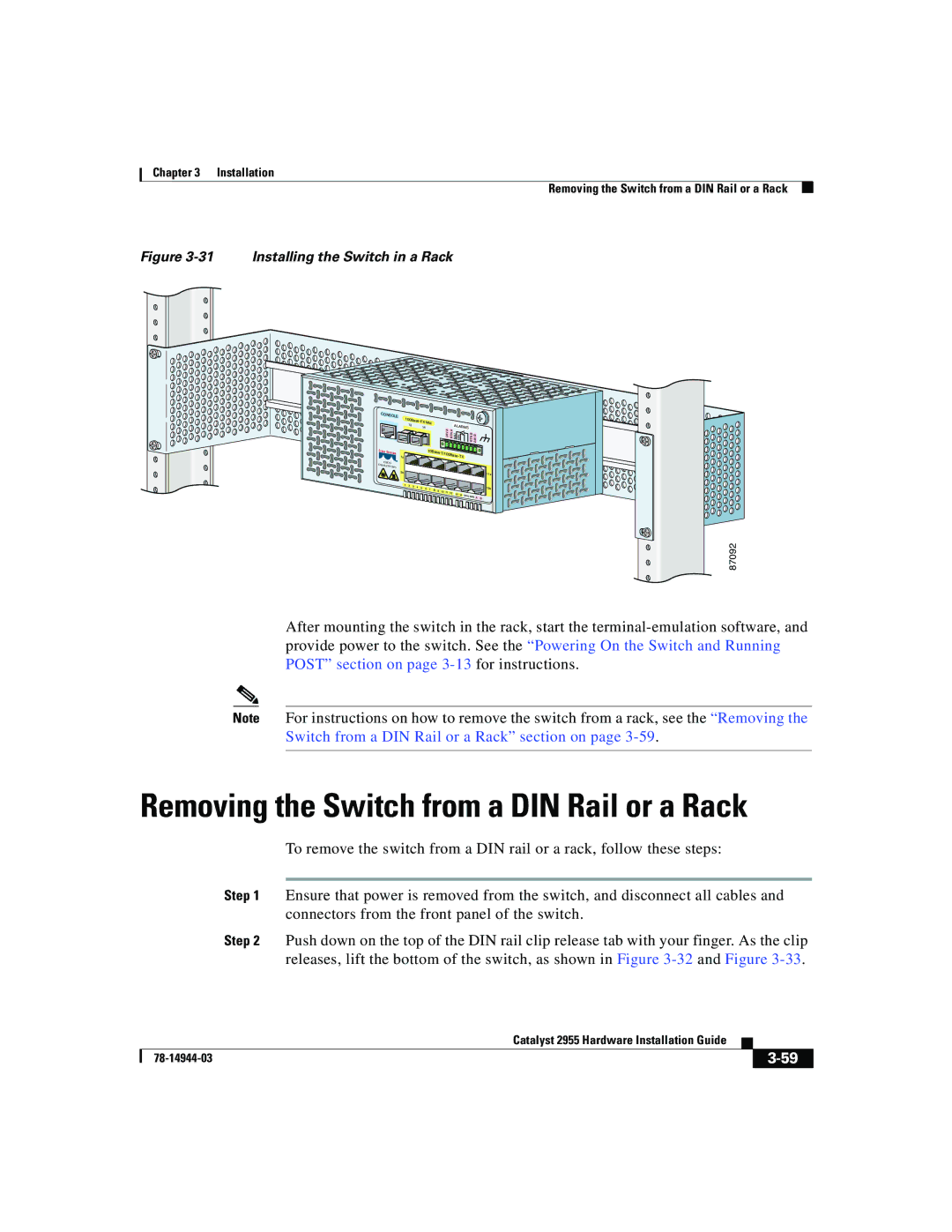 Cisco Systems Catalyst 2955 manual Removing the Switch from a DIN Rail or a Rack 