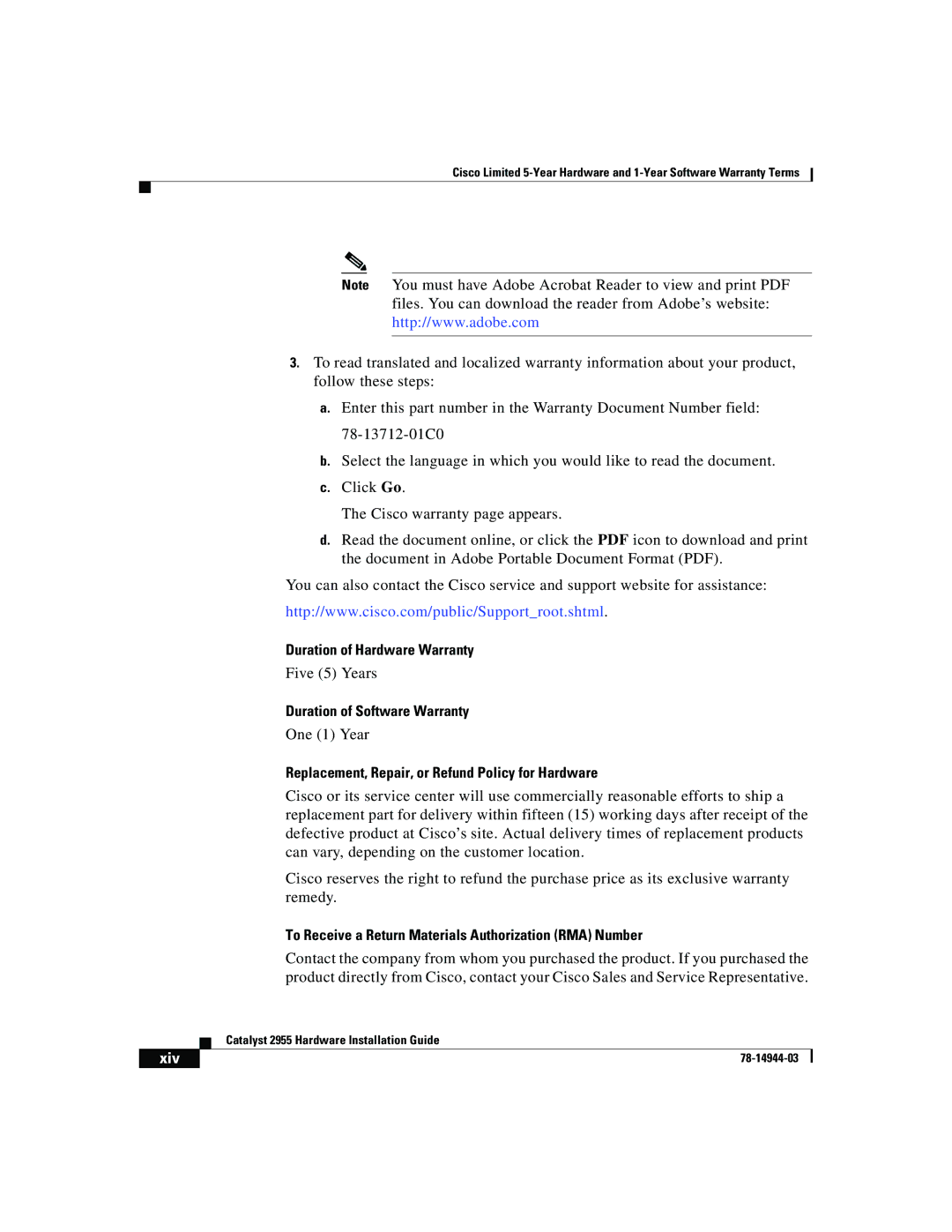 Cisco Systems Catalyst 2955 manual Duration of Hardware Warranty, Duration of Software Warranty 