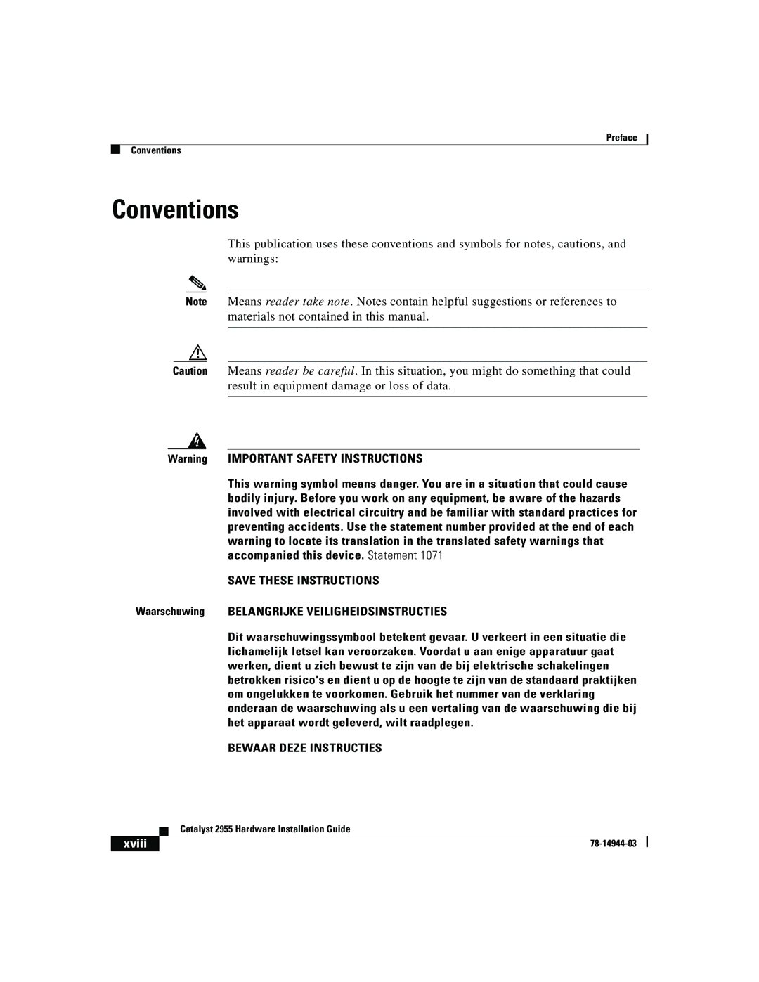 Cisco Systems Catalyst 2955 manual Conventions, Waarschuwing Belangrijke Veiligheidsinstructies 