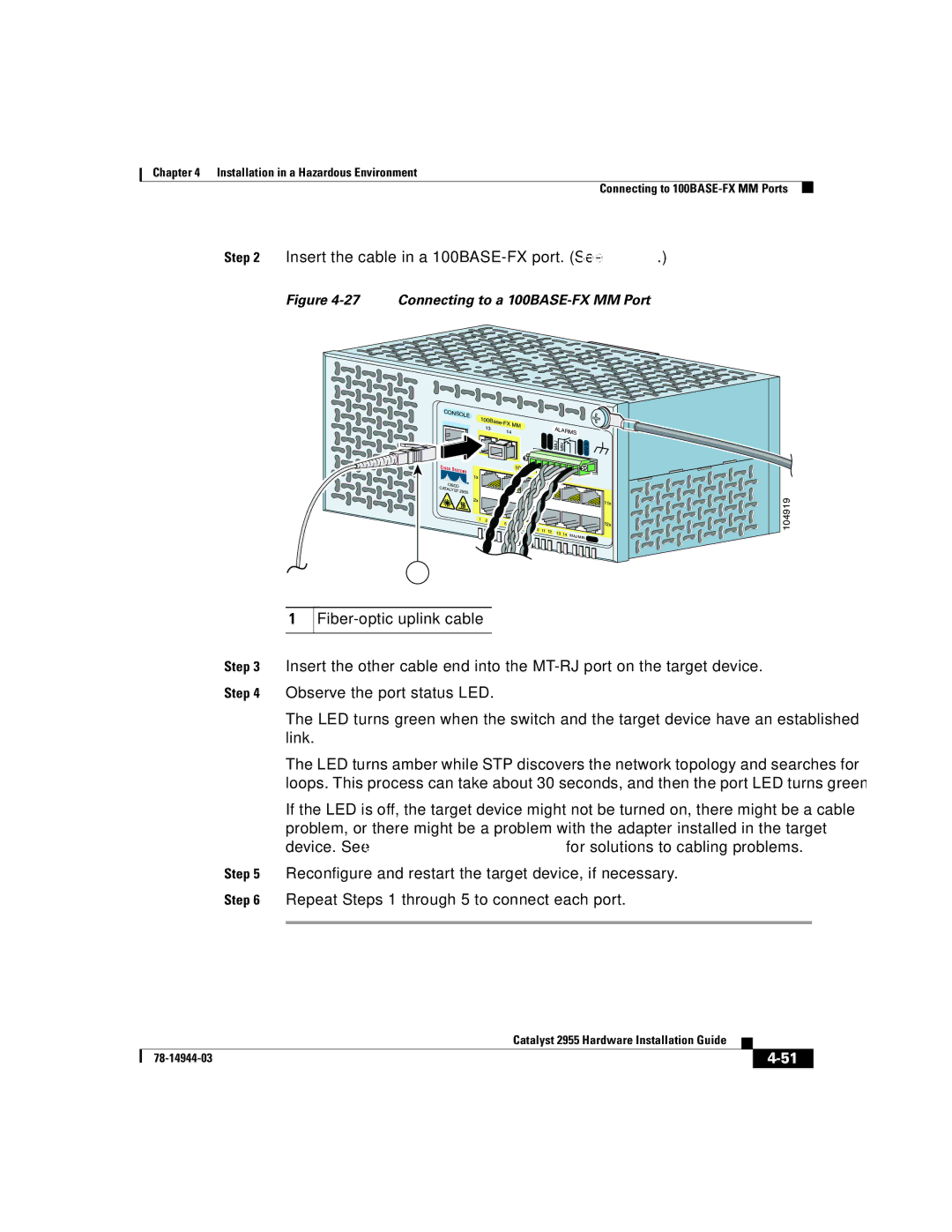 Cisco Systems Catalyst 2955 manual Connecting to a 100BASE-FX MM Port 