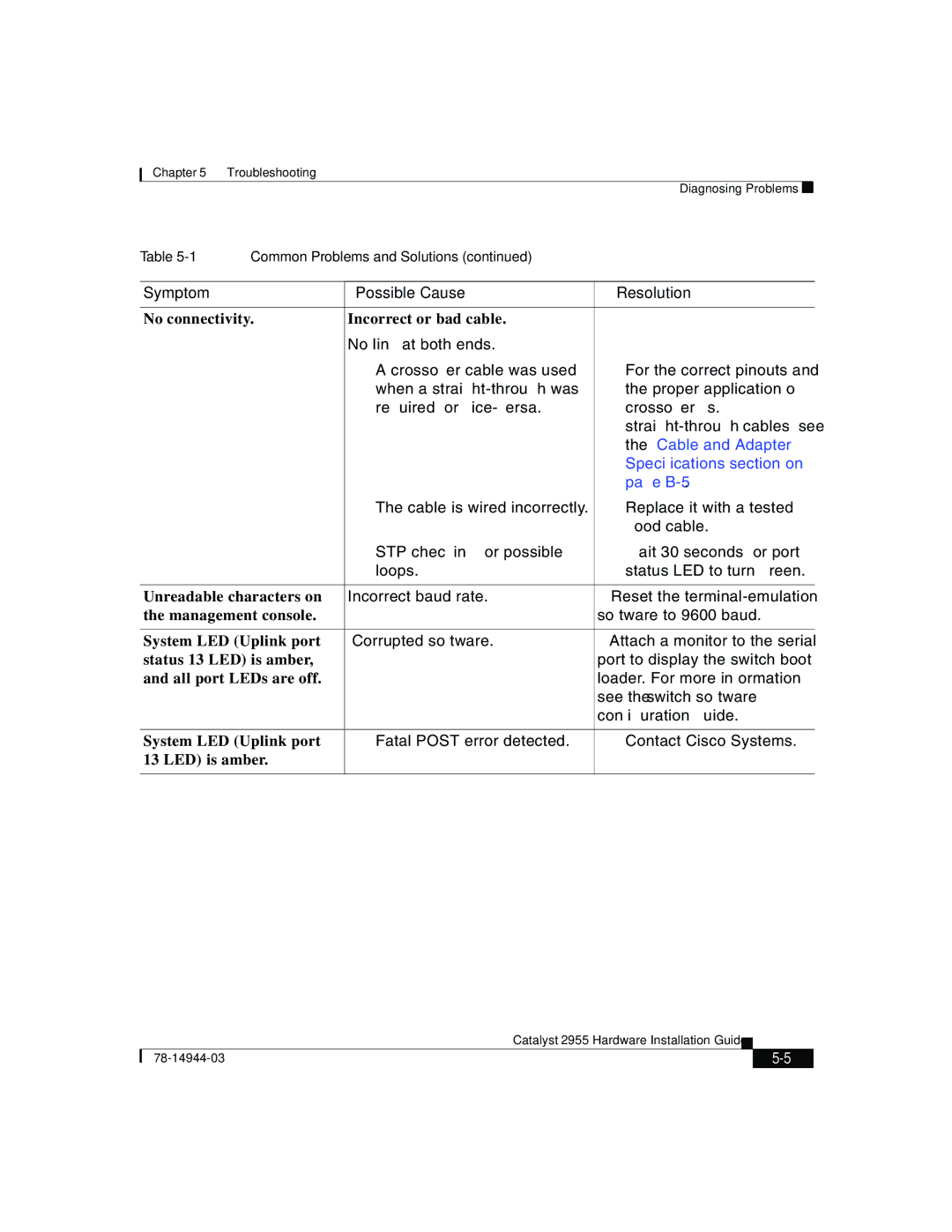 Cisco Systems Catalyst 2955 manual Symptom Possible Cause Resolution, No connectivity Incorrect or bad cable 