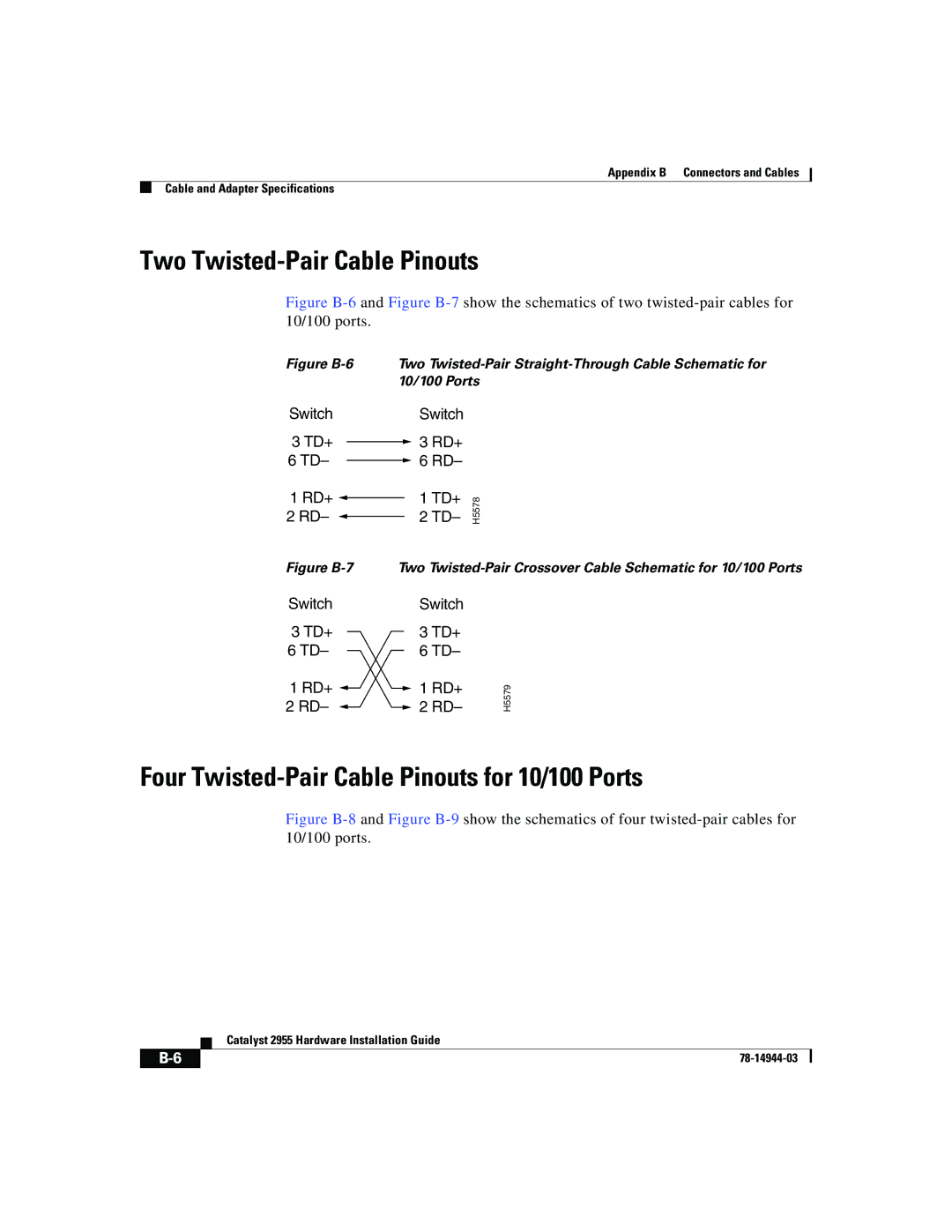 Cisco Systems Catalyst 2955 manual Two Twisted-Pair Cable Pinouts, Four Twisted-Pair Cable Pinouts for 10/100 Ports 