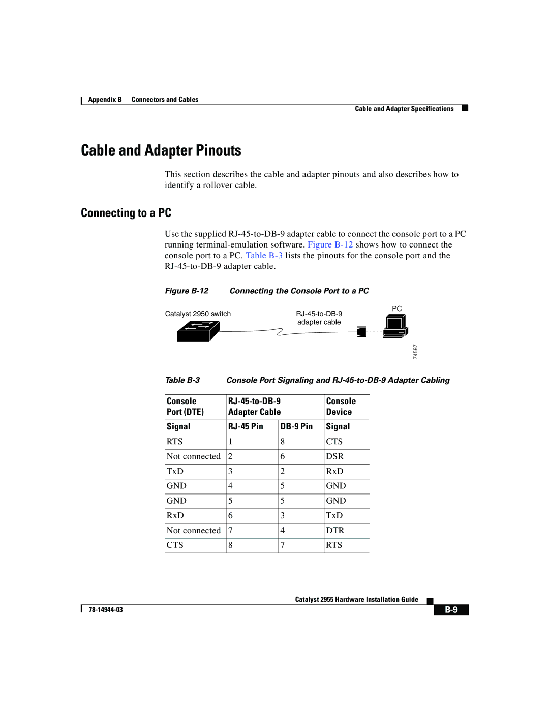 Cisco Systems Catalyst 2955 manual Cable and Adapter Pinouts, Connecting to a PC 