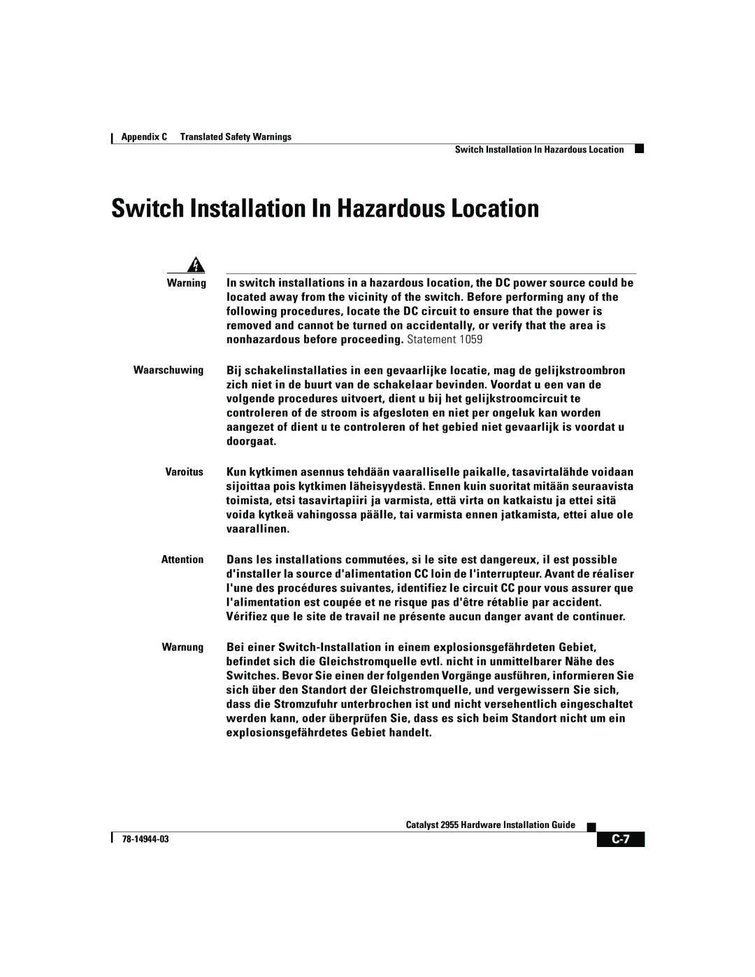 Cisco Systems Catalyst 2955 manual Switch Installation In Hazardous Location 