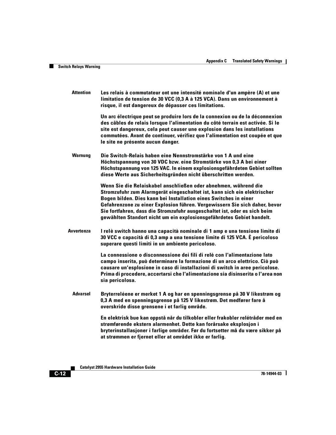 Cisco Systems Catalyst 2955 manual Appendix C Translated Safety Warnings Switch Relays Warning 