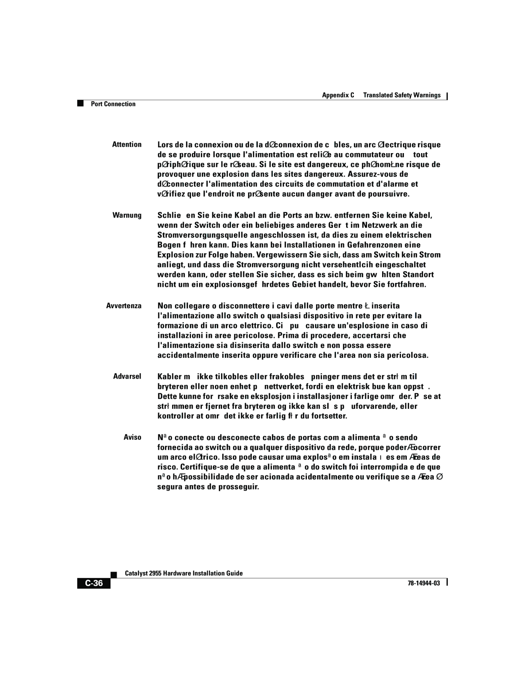 Cisco Systems Catalyst 2955 manual Appendix C Translated Safety Warnings Port Connection 