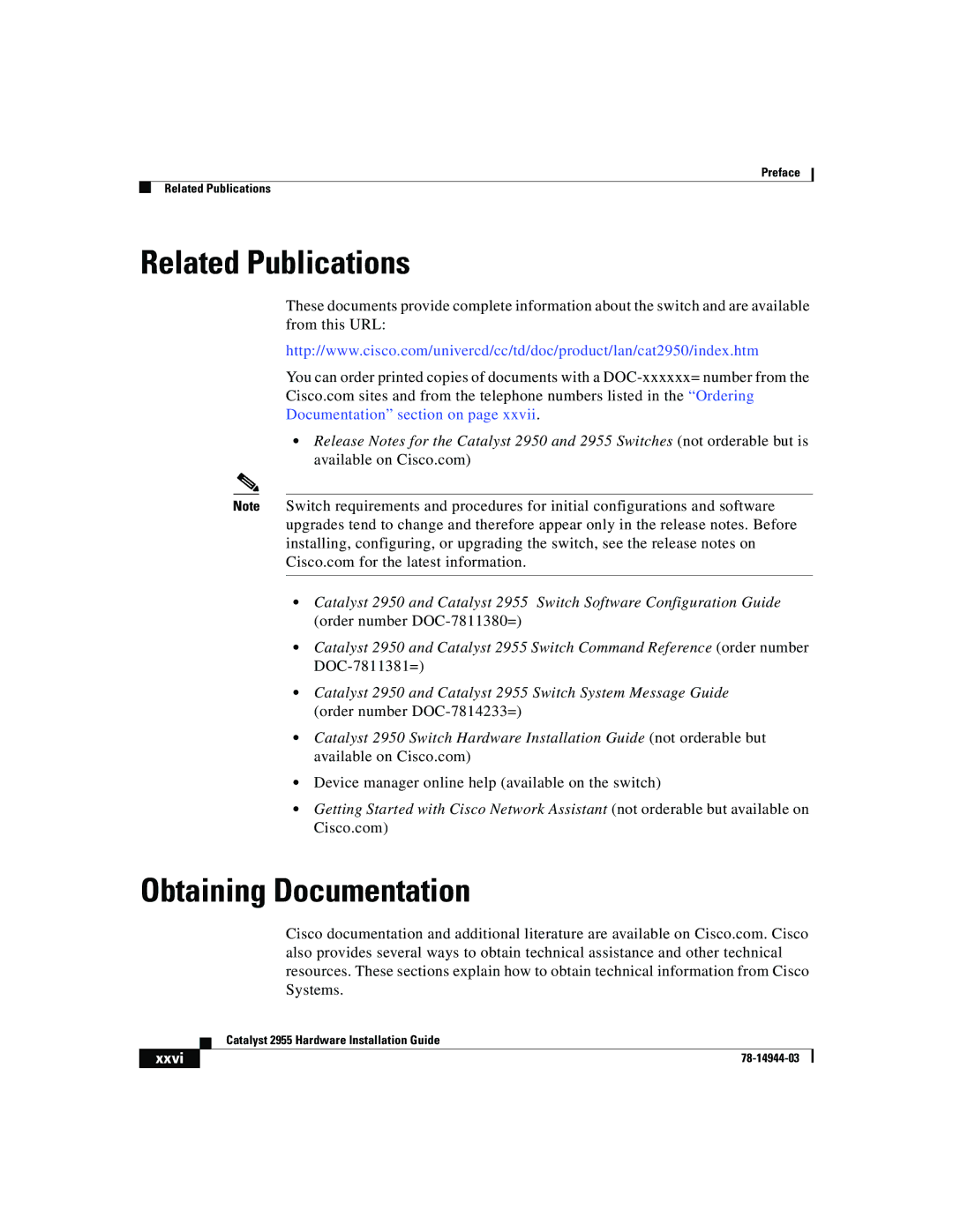 Cisco Systems Catalyst 2955 manual Related Publications, Obtaining Documentation 