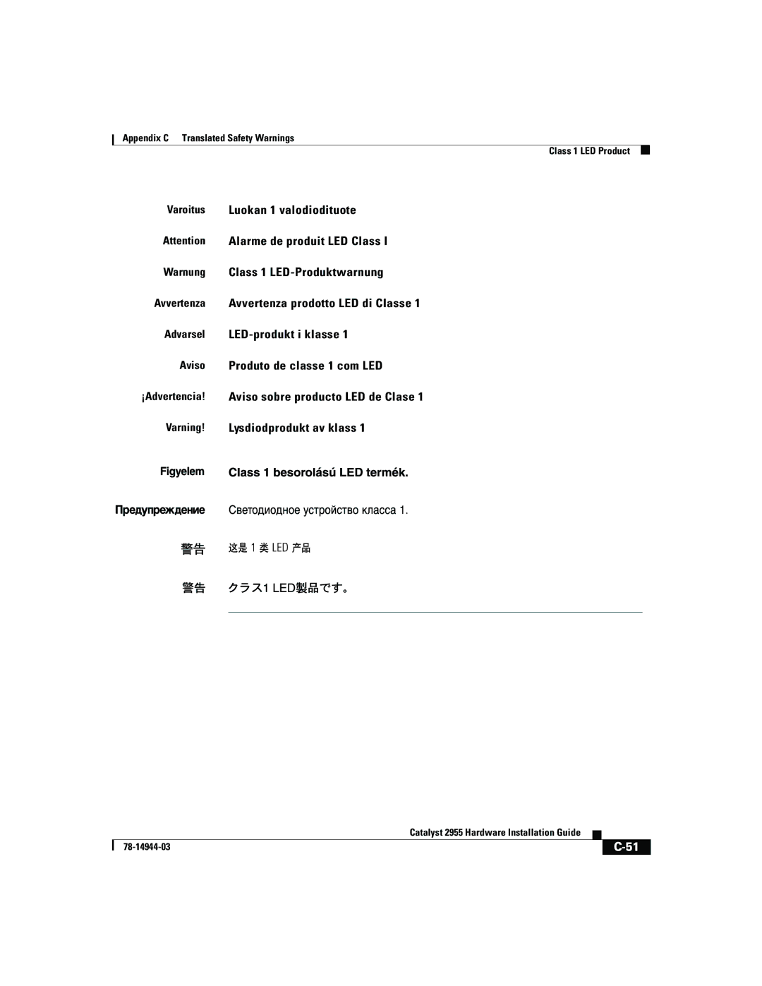 Cisco Systems Catalyst 2955 manual Appendix C Translated Safety Warnings Class 1 LED Product 