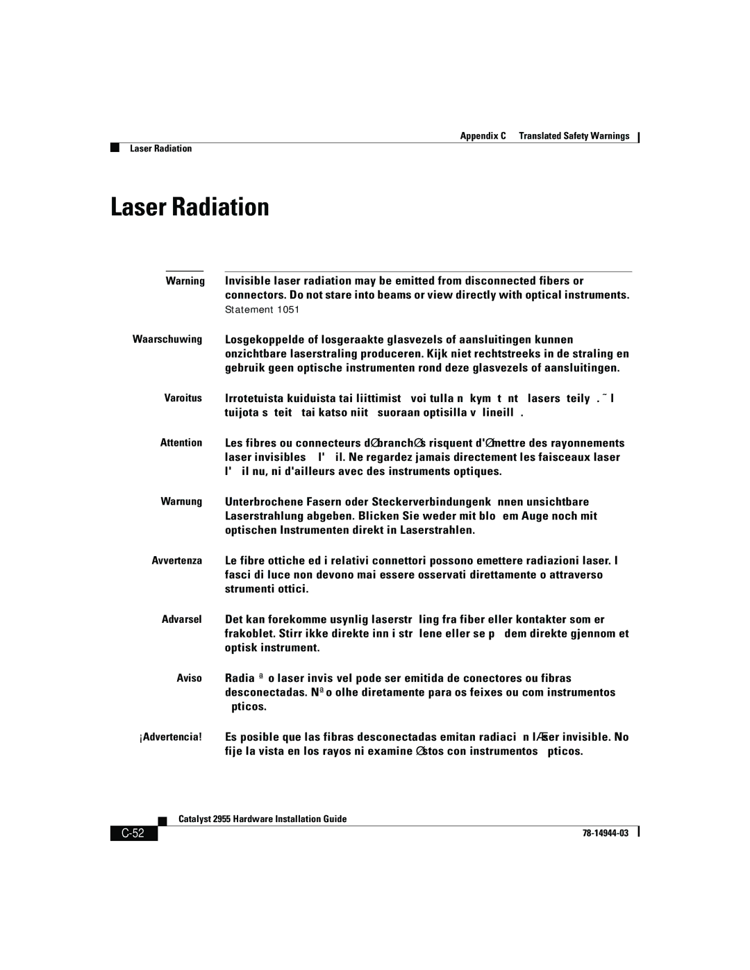 Cisco Systems Catalyst 2955 manual Laser Radiation 