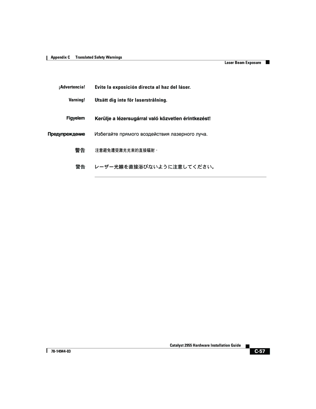 Cisco Systems Catalyst 2955 manual Appendix C Translated Safety Warnings Laser Beam Exposure 