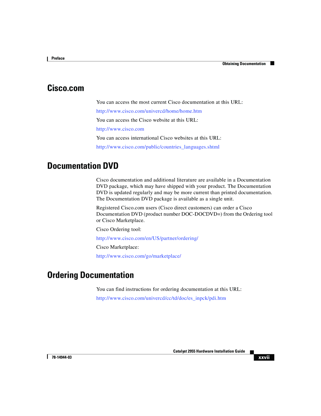 Cisco Systems Catalyst 2955 manual Cisco.com, Documentation DVD, Ordering Documentation 