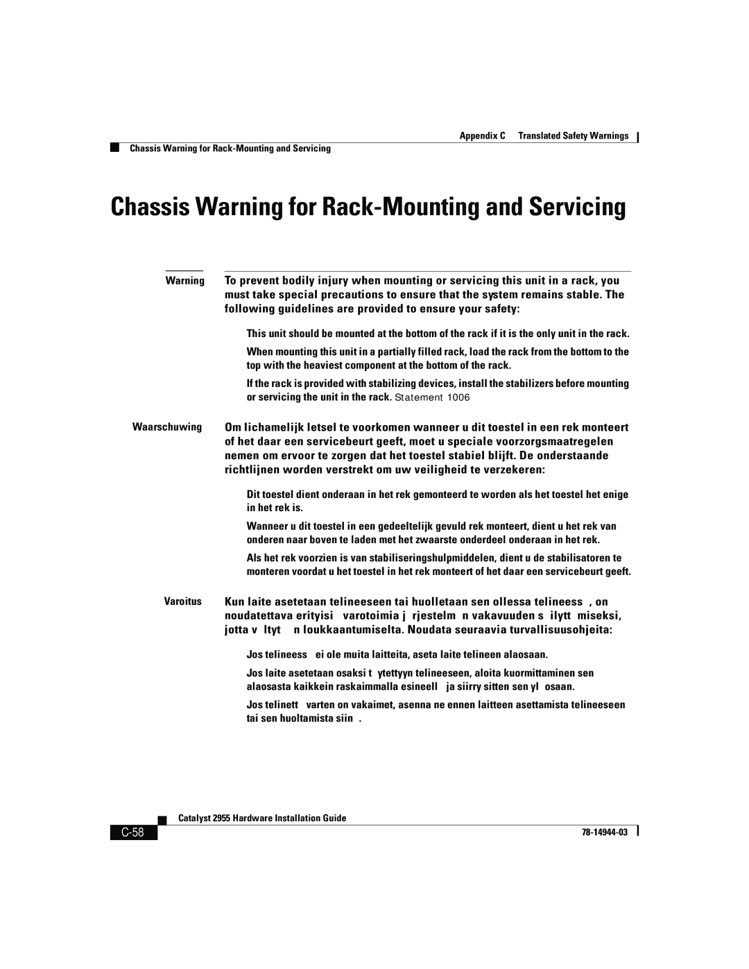 Cisco Systems Catalyst 2955 manual Chassis Warning for Rack-Mounting and Servicing 