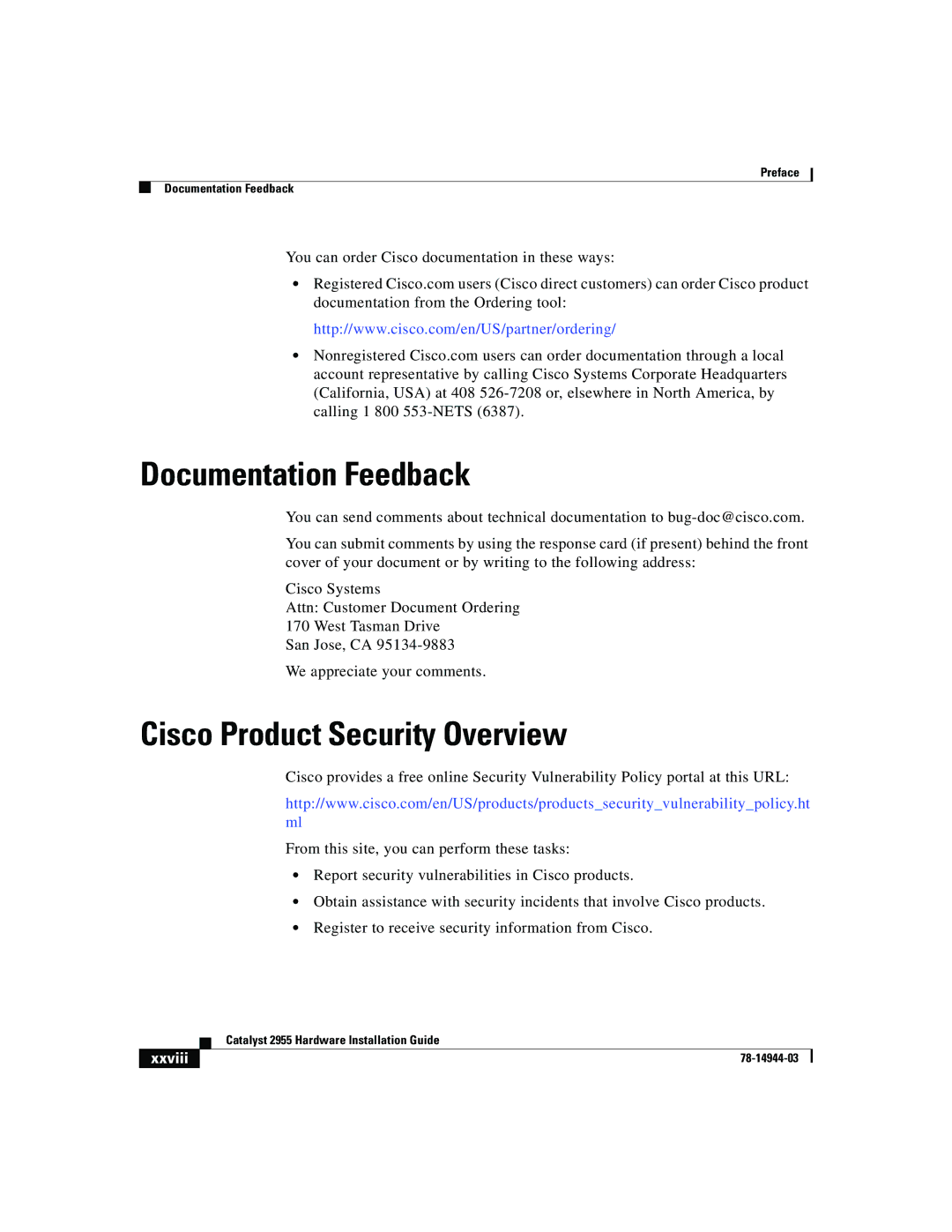 Cisco Systems Catalyst 2955 manual Documentation Feedback, Cisco Product Security Overview 