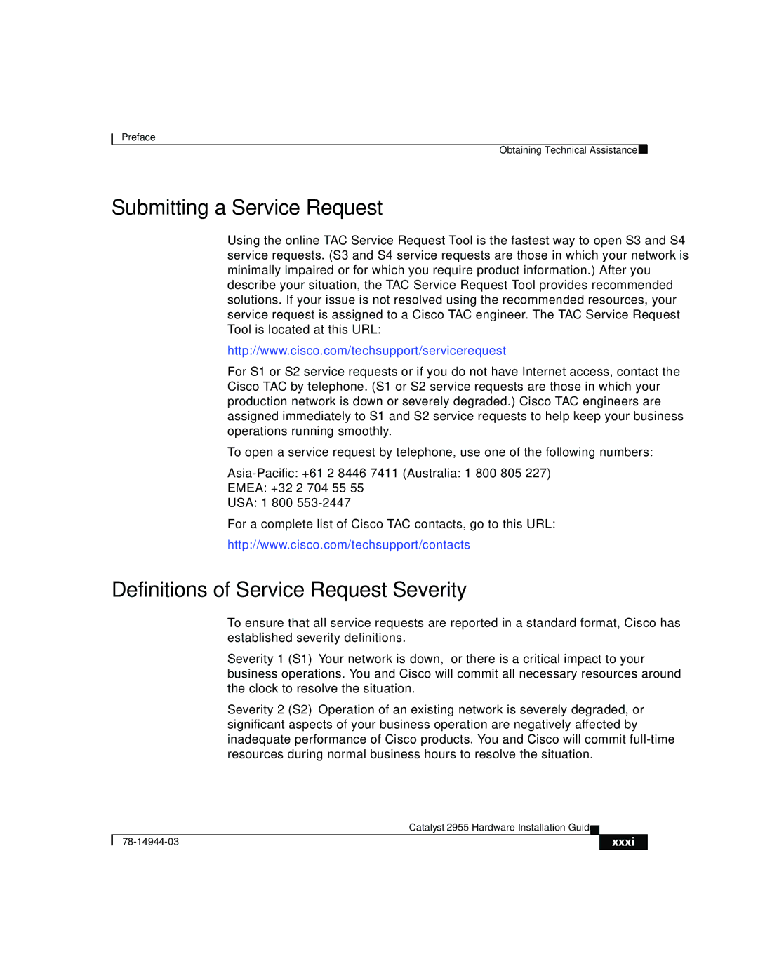 Cisco Systems Catalyst 2955 manual Submitting a Service Request, Definitions of Service Request Severity 