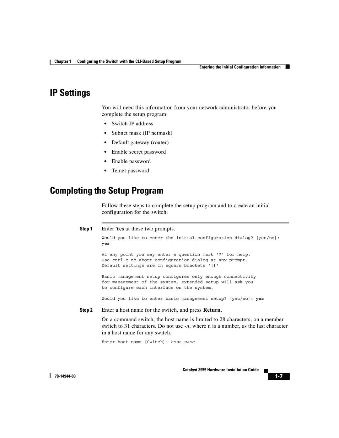 Cisco Systems Catalyst 2955 manual IP Settings, Completing the Setup Program 