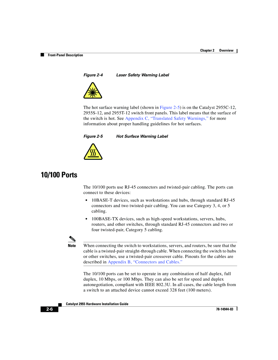 Cisco Systems Catalyst 2955 manual 10/100 Ports, Laser Safety Warning Label 