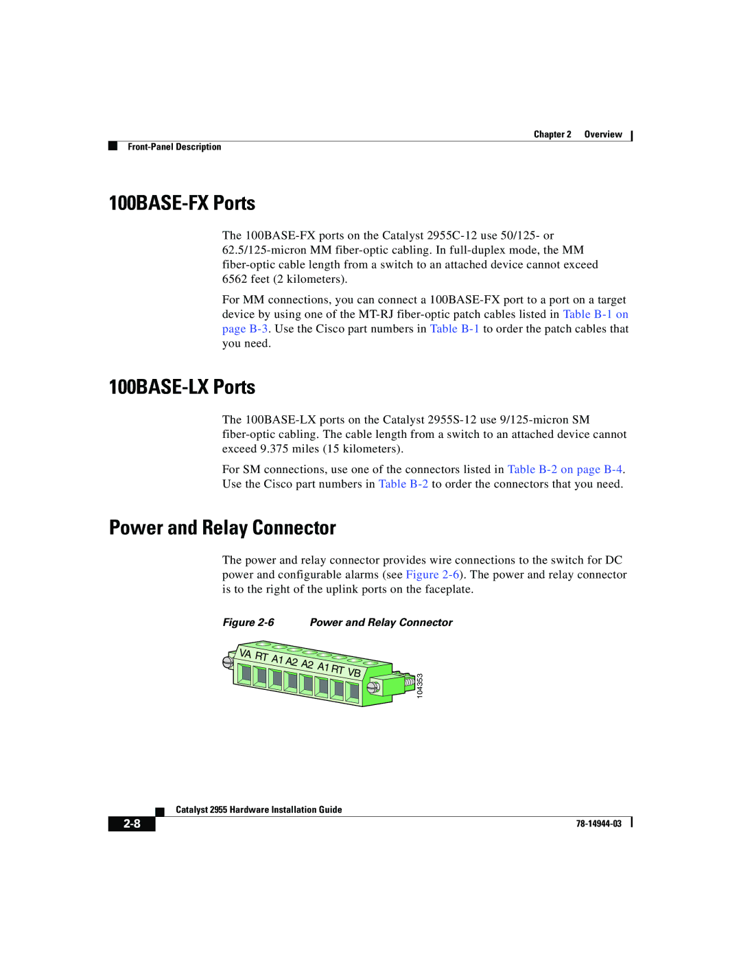 Cisco Systems Catalyst 2955 manual 100BASE-FX Ports, 100BASE-LX Ports, Power and Relay Connector 