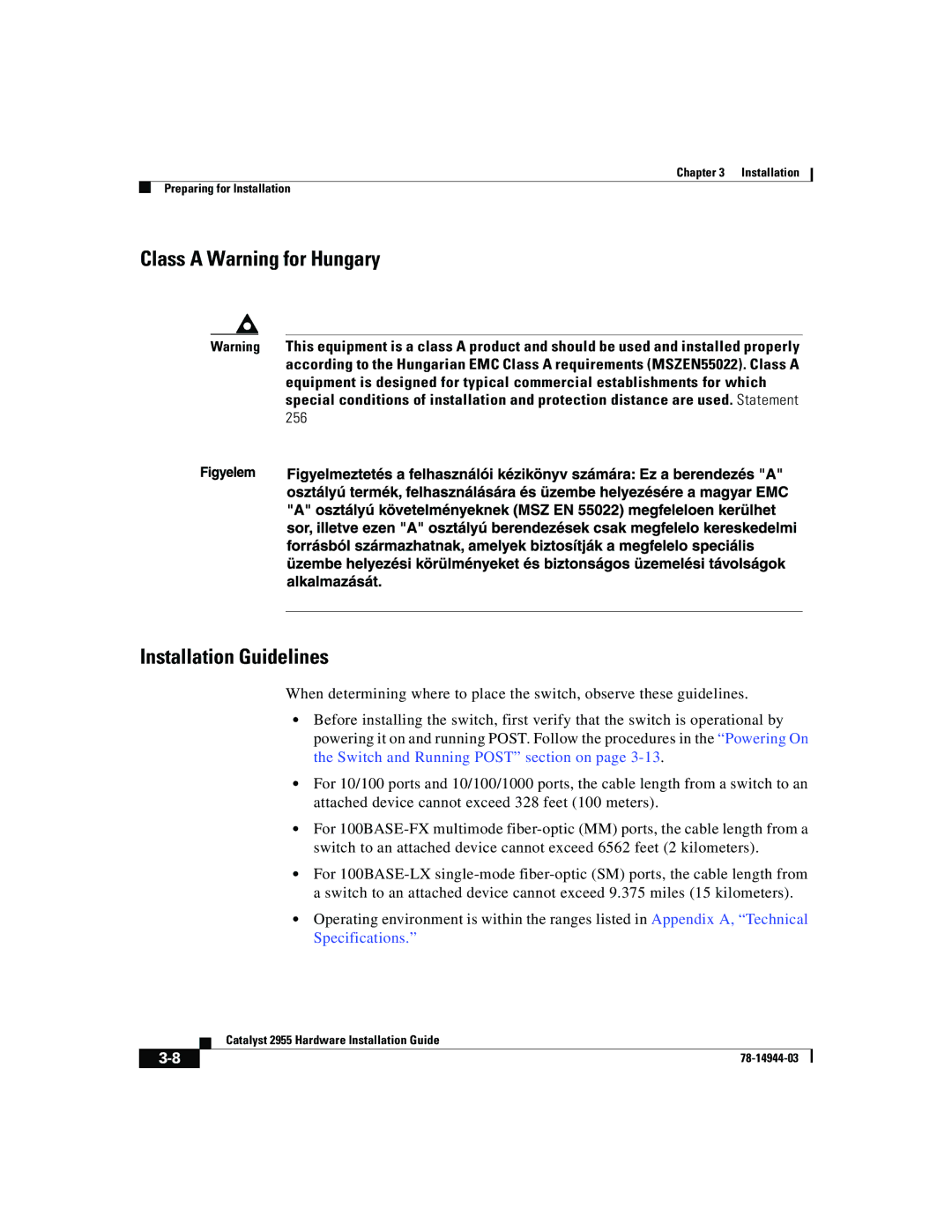 Cisco Systems Catalyst 2955 manual Class a Warning for Hungary 