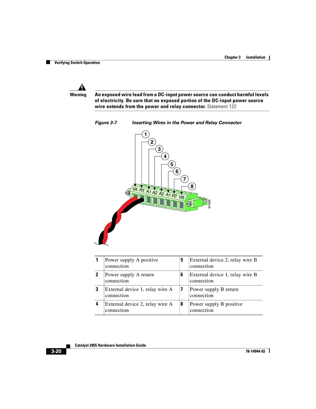 Cisco Systems Catalyst 2955 manual Inserting Wires in the Power and Relay Connector 