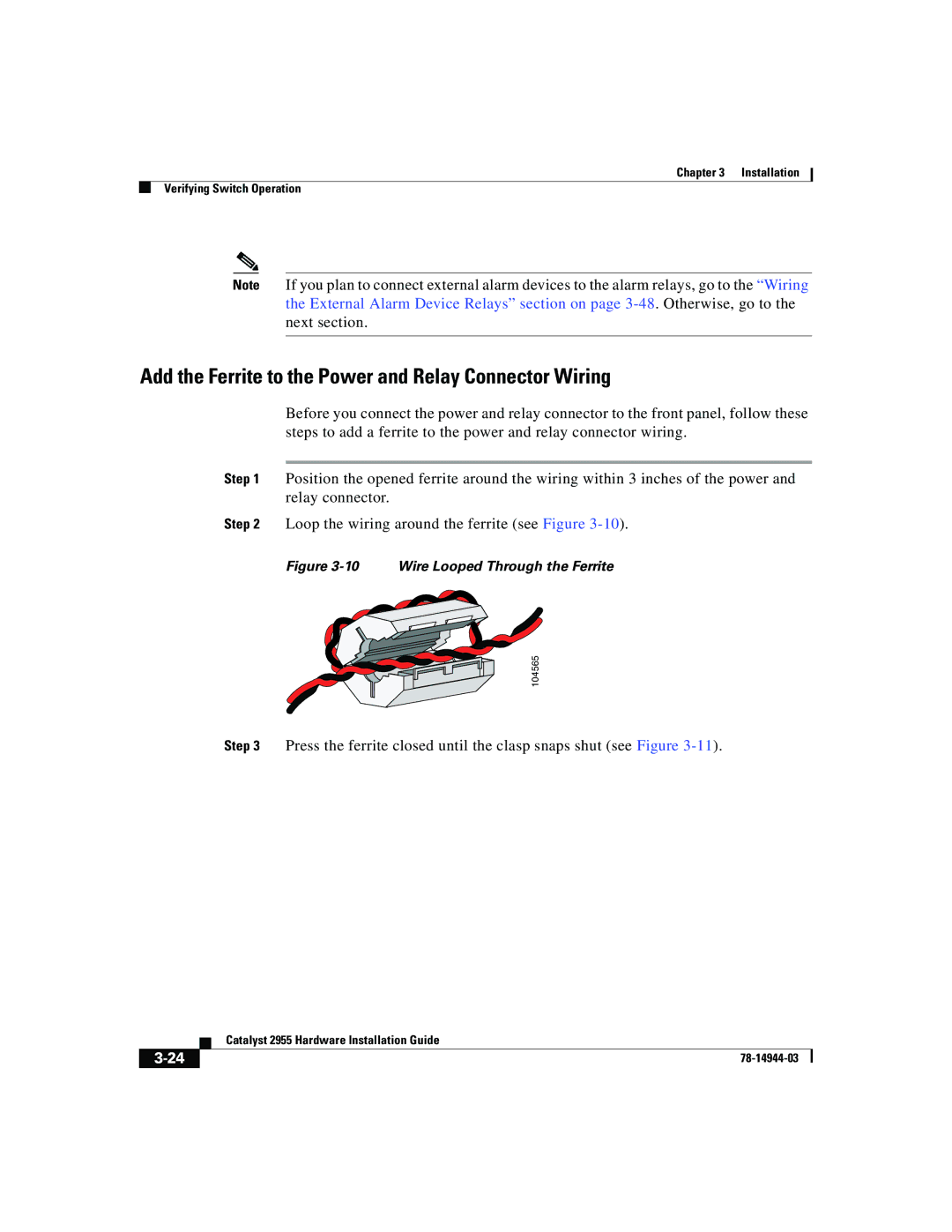 Cisco Systems Catalyst 2955 manual Add the Ferrite to the Power and Relay Connector Wiring 