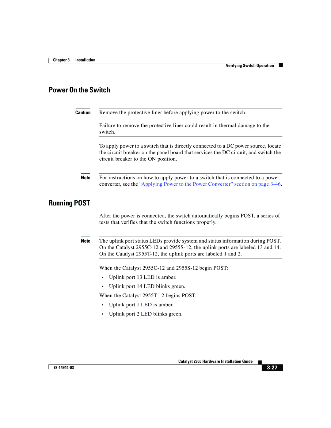 Cisco Systems Catalyst 2955 manual Power On the Switch 