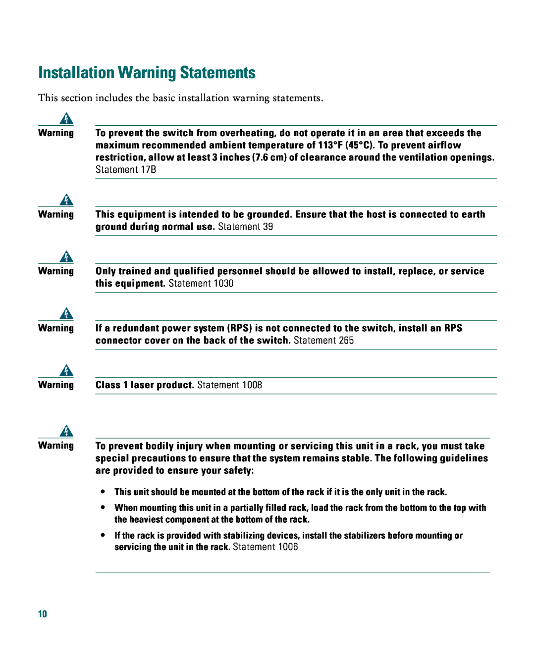 Cisco Systems Catalyst 3550 warranty Installation Warning Statements 