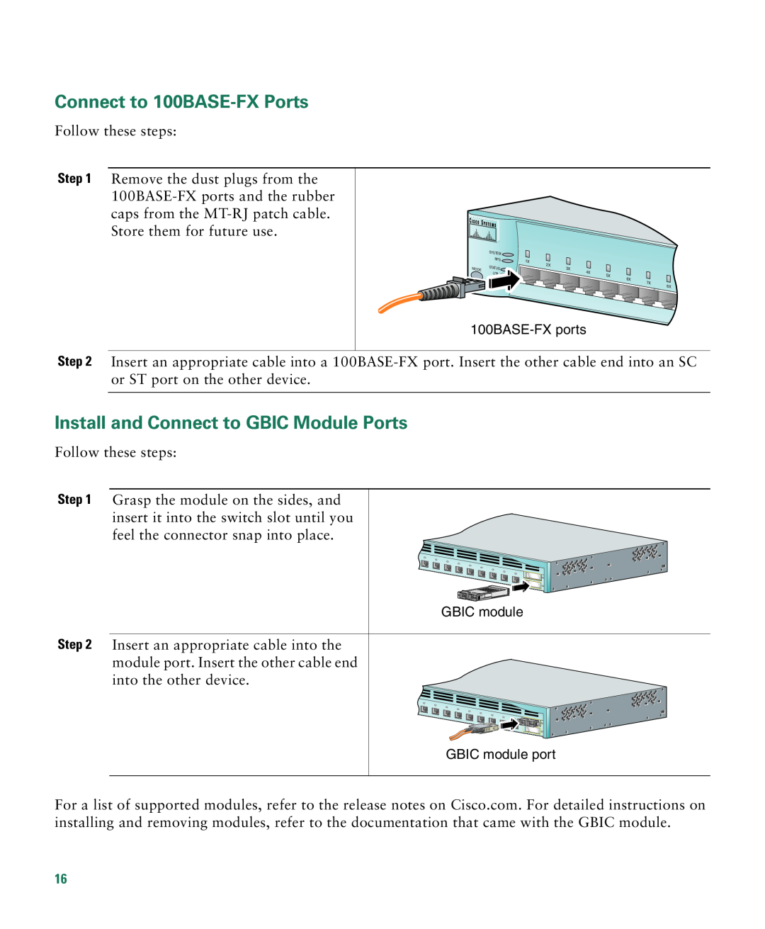Cisco Systems Catalyst 3550 Connect to 100BASE-FX Ports, Install and Connect to GBIC Module Ports, 100BASE-FX ports 
