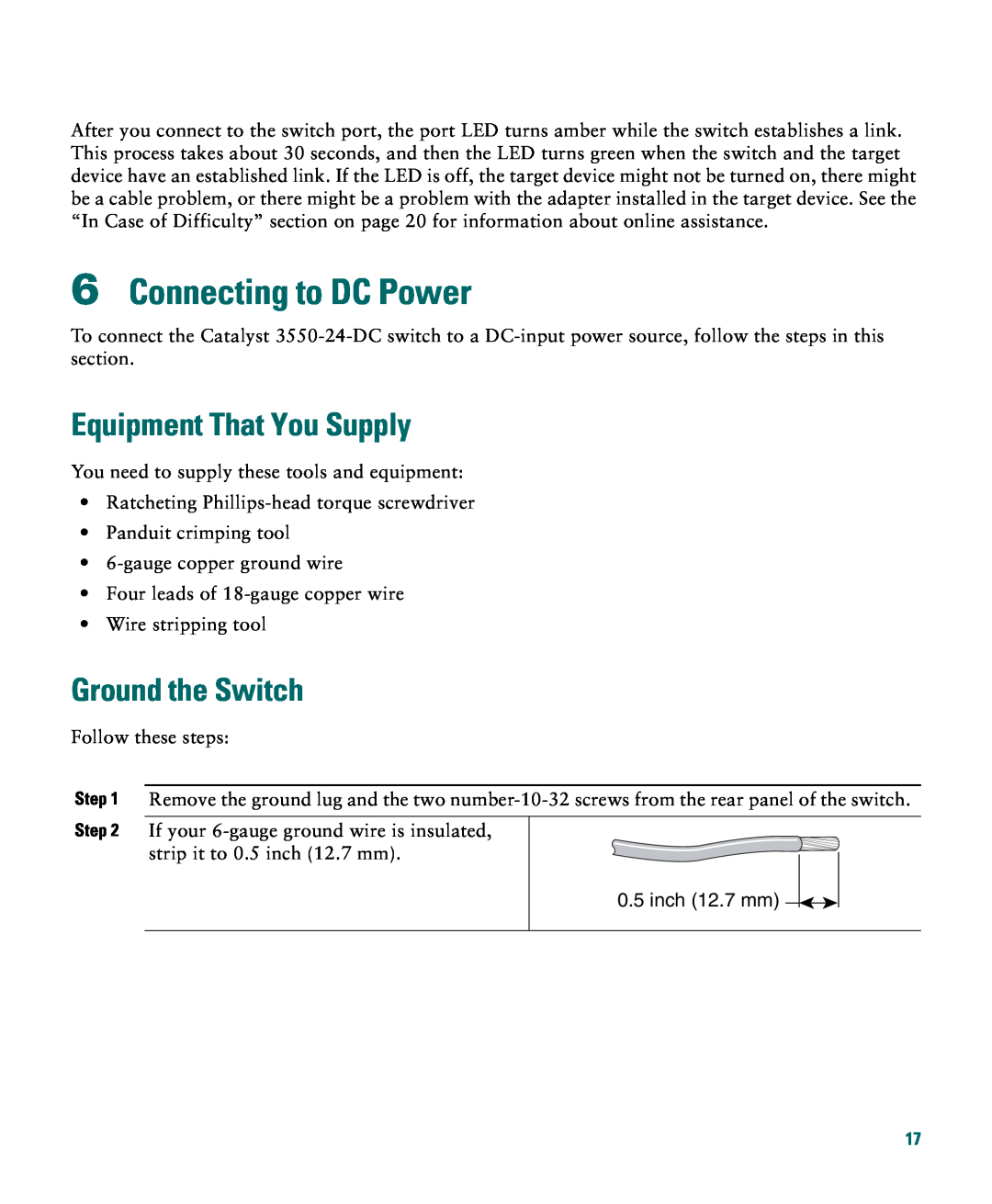 Cisco Systems Catalyst 3550 warranty Connecting to DC Power, Ground the Switch, Equipment That You Supply, inch 12.7 mm 