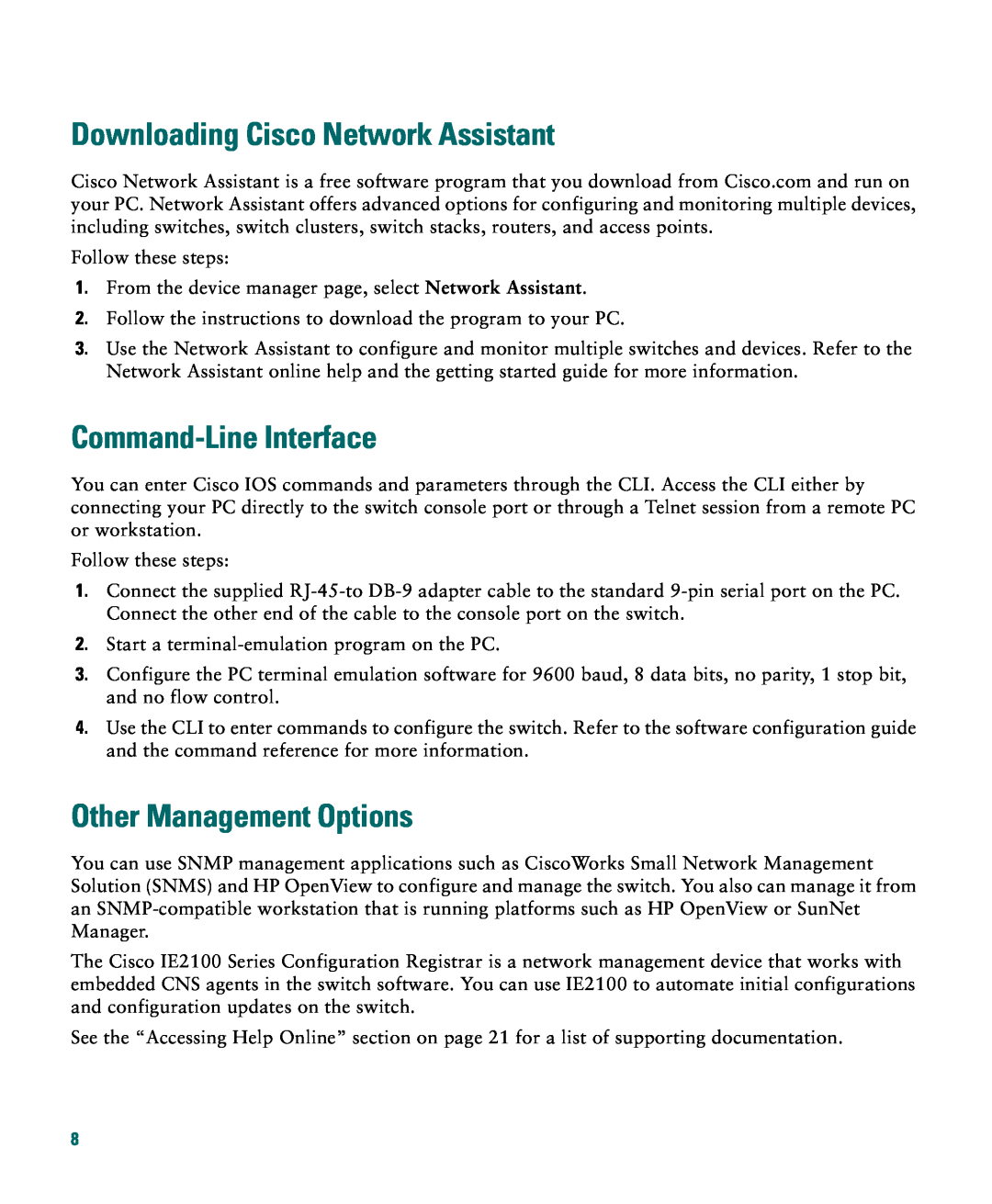 Cisco Systems Catalyst 3550 warranty Downloading Cisco Network Assistant, Command-Line Interface, Other Management Options 
