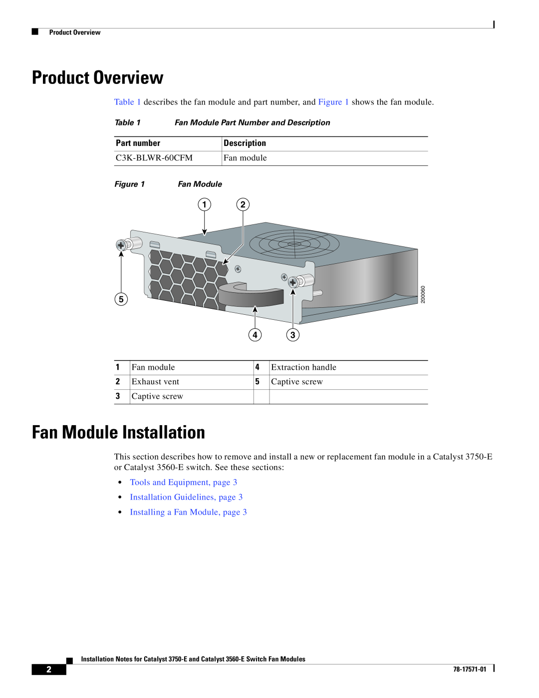Cisco Systems Catalyst 3560-E Product Overview, Fan Module Installation, Installing a Fan Module, page, C3K-BLWR-60CFM 