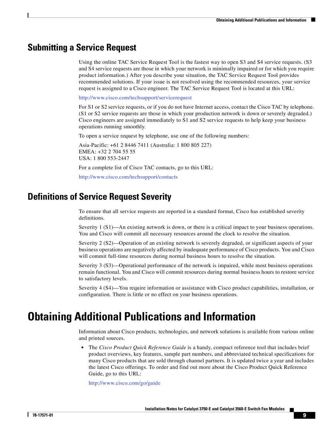 Cisco Systems Catalyst 3560-E Obtaining Additional Publications and Information, Submitting a Service Request 