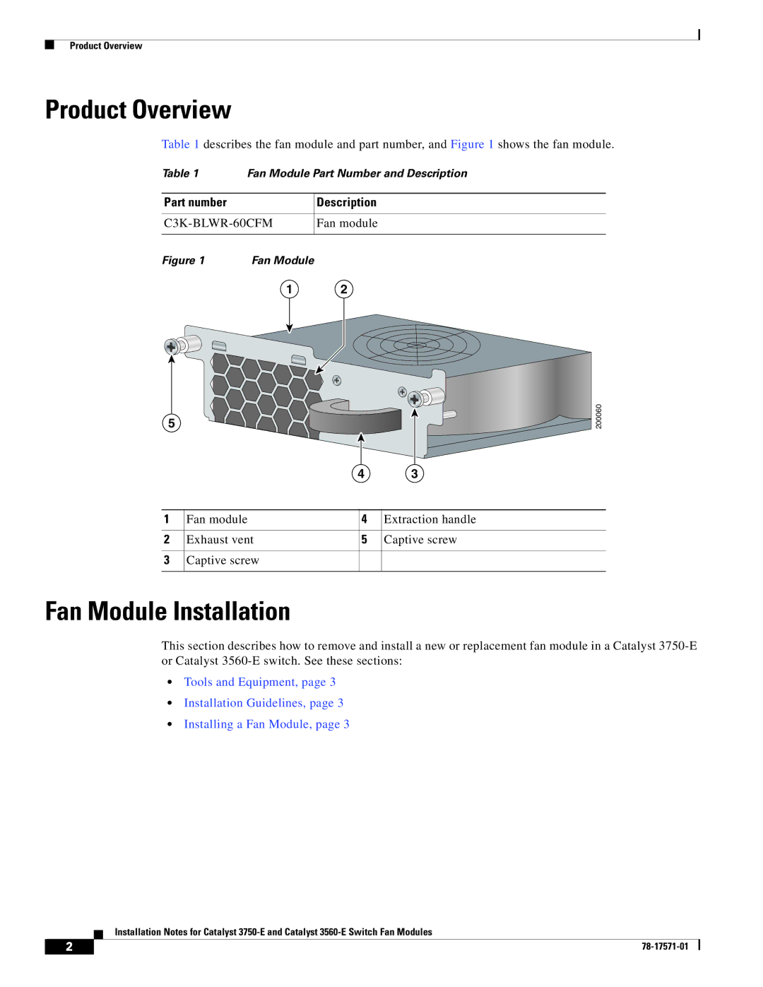 Cisco Systems Catalyst 3560-E technical specifications Product Overview, Fan Module Installation, Part number Description 