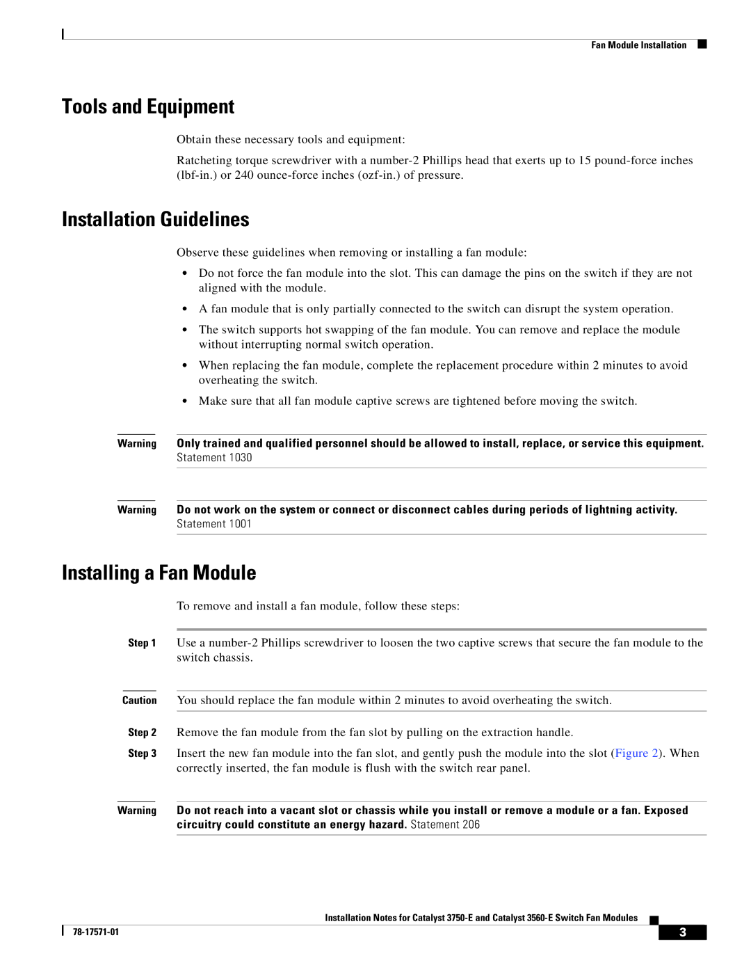 Cisco Systems Catalyst 3560-E Tools and Equipment, Installation Guidelines, Installing a Fan Module 