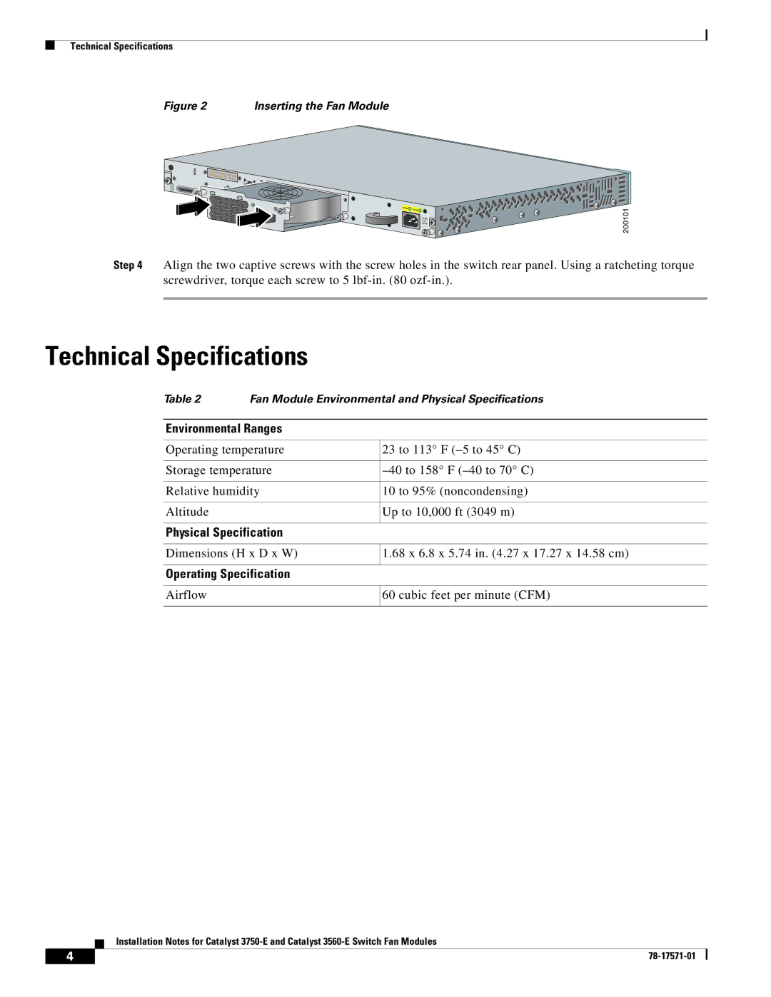 Cisco Systems Catalyst 3560-E Technical Specifications, Environmental Ranges, Physical Specification 