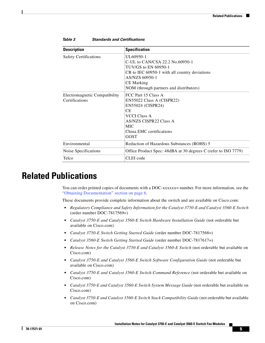 Cisco Systems Catalyst 3560-E technical specifications Related Publications, Description Specification 