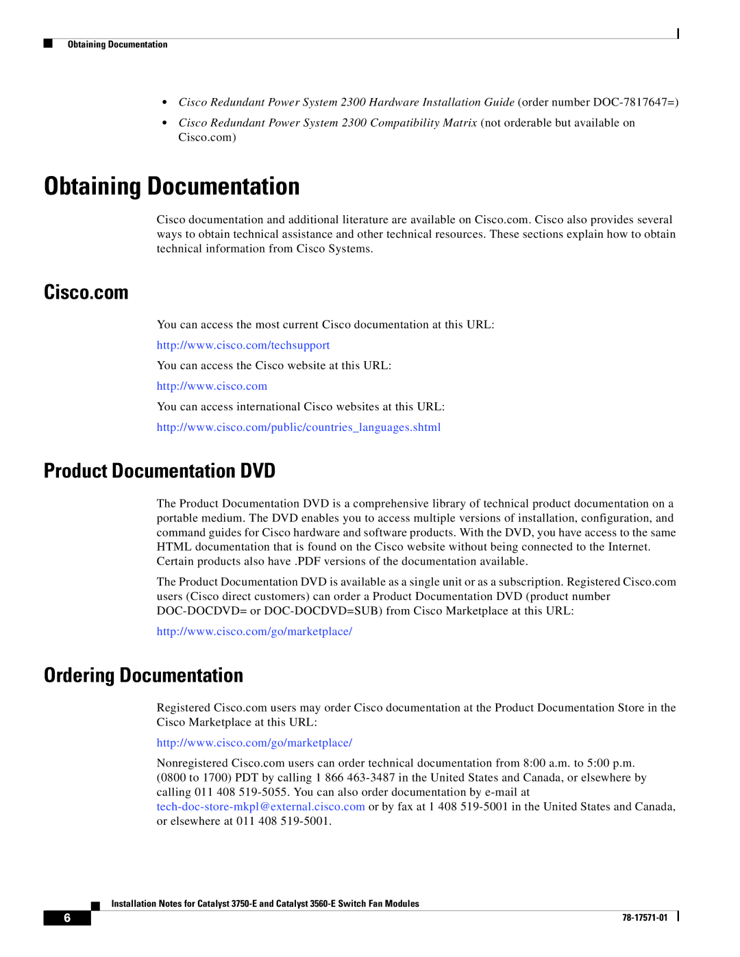 Cisco Systems Catalyst 3560-E Obtaining Documentation, Cisco.com, Product Documentation DVD, Ordering Documentation 