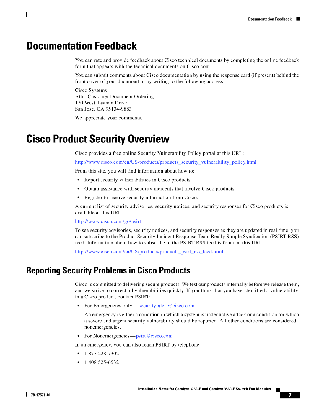 Cisco Systems Catalyst 3560-E technical specifications Documentation Feedback, Cisco Product Security Overview 