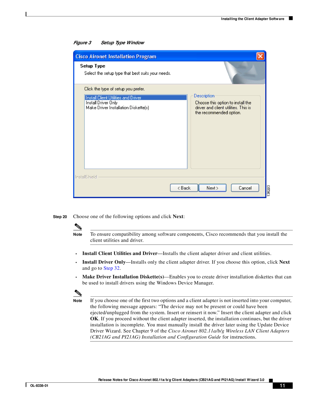 Cisco Systems CB21AG and PI21AG manual Setup Type Window 