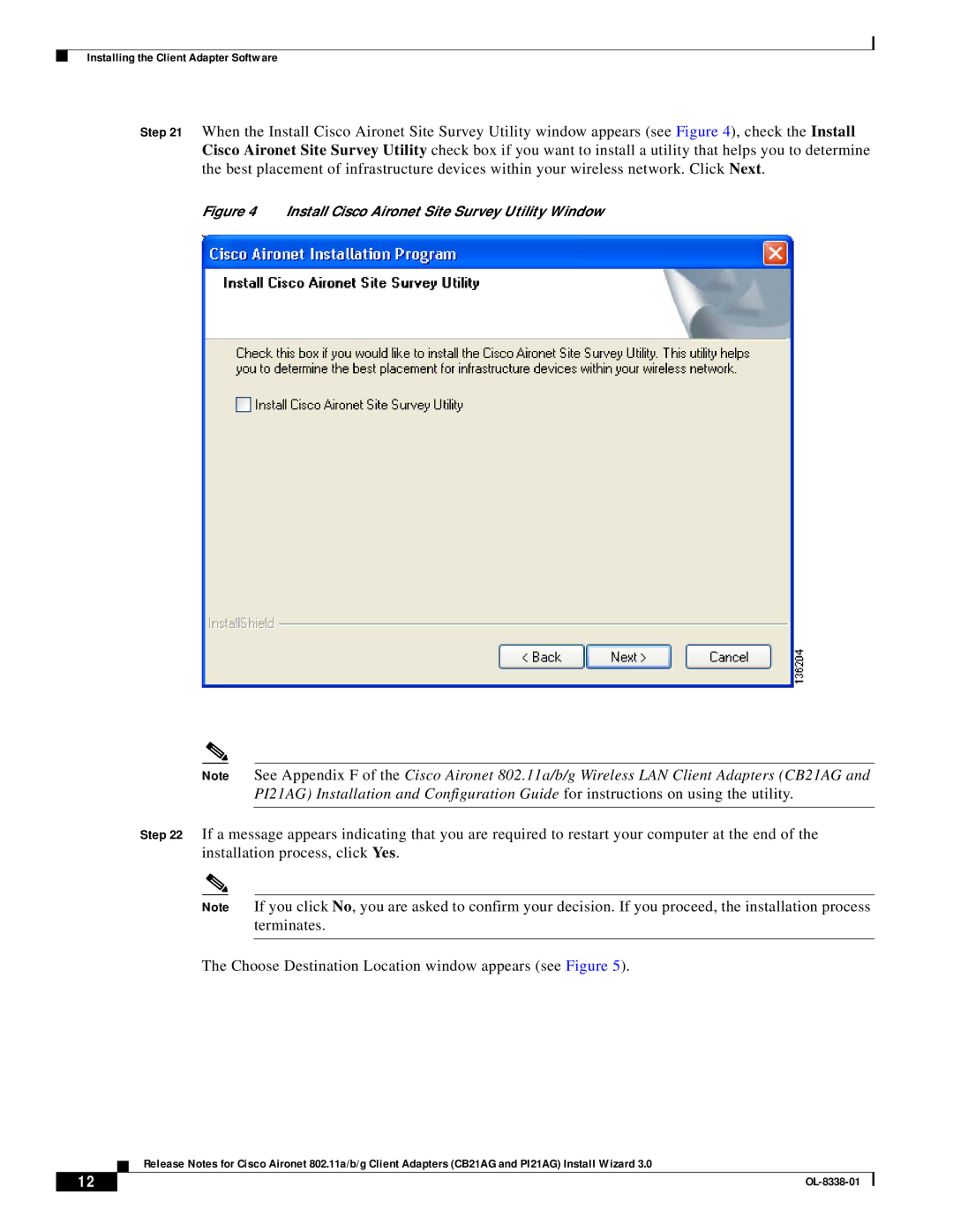 Cisco Systems CB21AG and PI21AG manual Install Cisco Aironet Site Survey Utility Window 