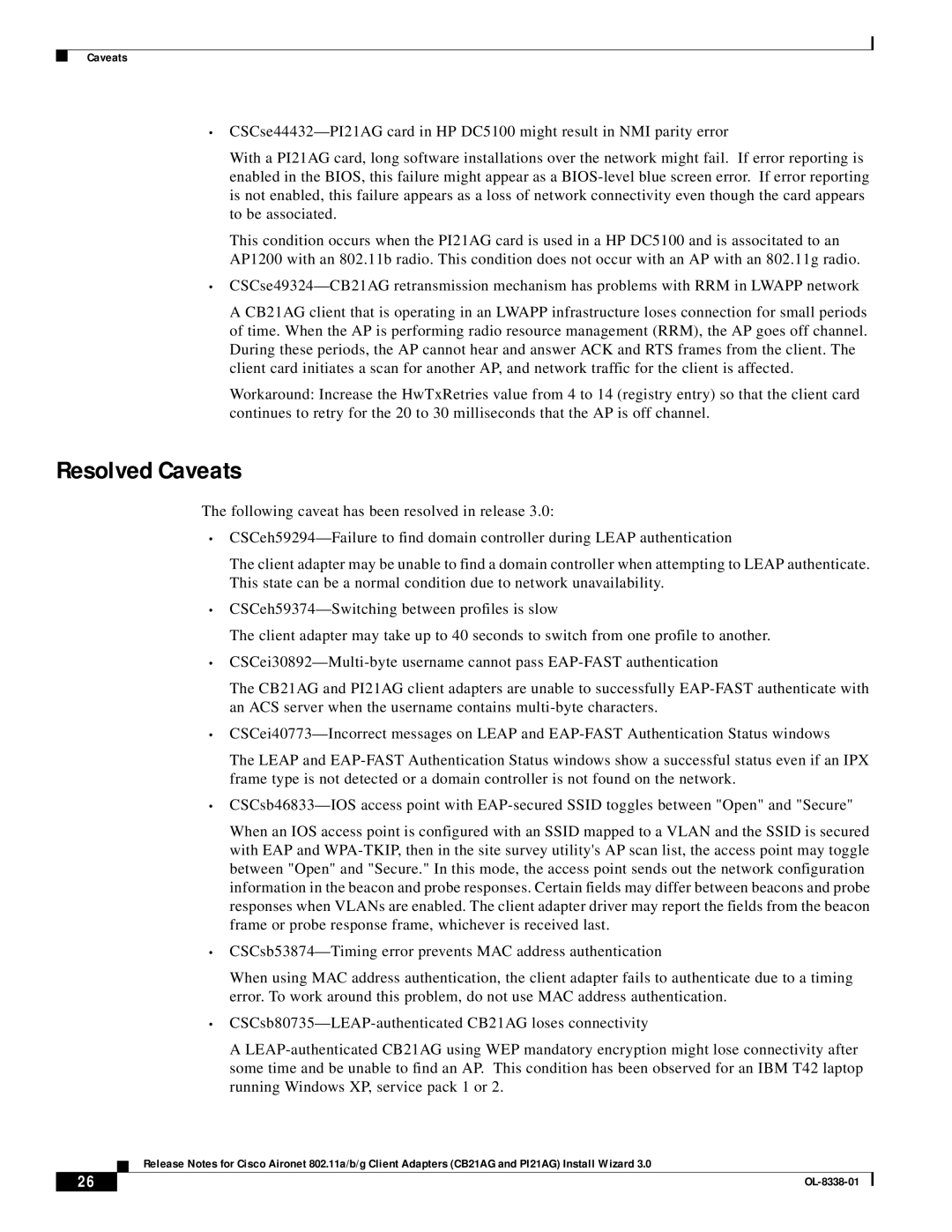 Cisco Systems CB21AG and PI21AG manual Resolved Caveats 