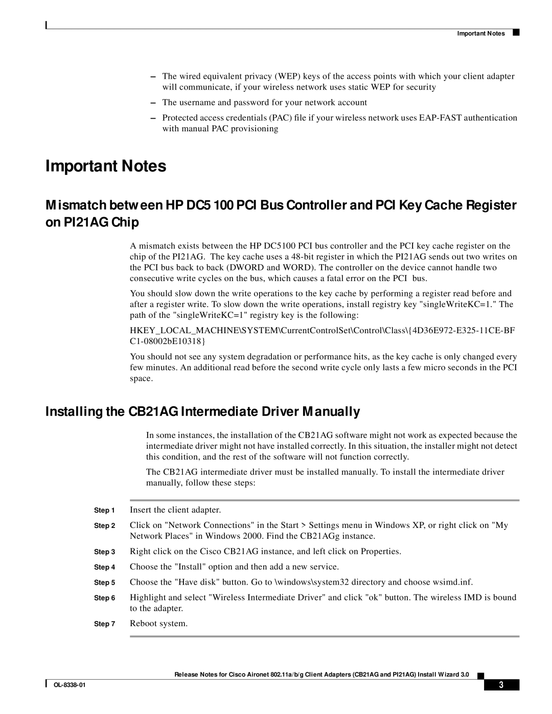 Cisco Systems CB21AG and PI21AG manual Important Notes, Installing the CB21AG Intermediate Driver Manually 