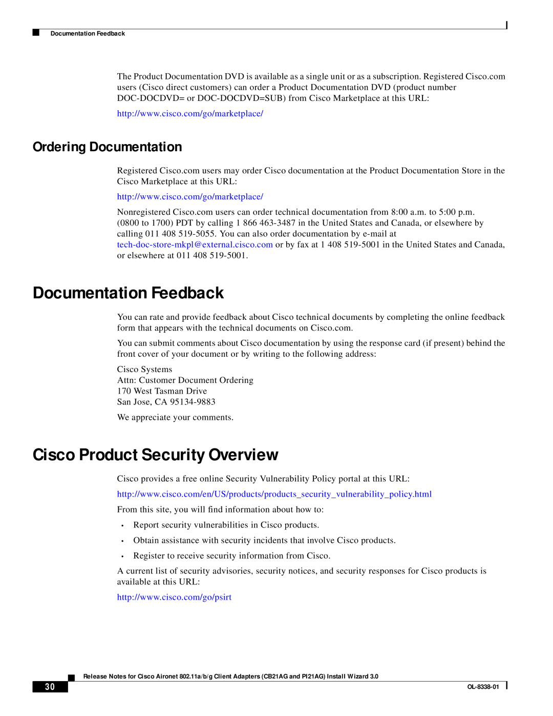 Cisco Systems CB21AG and PI21AG manual Documentation Feedback, Cisco Product Security Overview, Ordering Documentation 