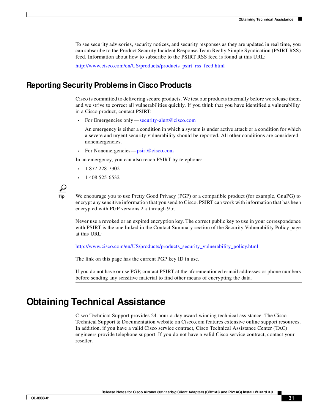 Cisco Systems CB21AG and PI21AG manual Obtaining Technical Assistance, Reporting Security Problems in Cisco Products 