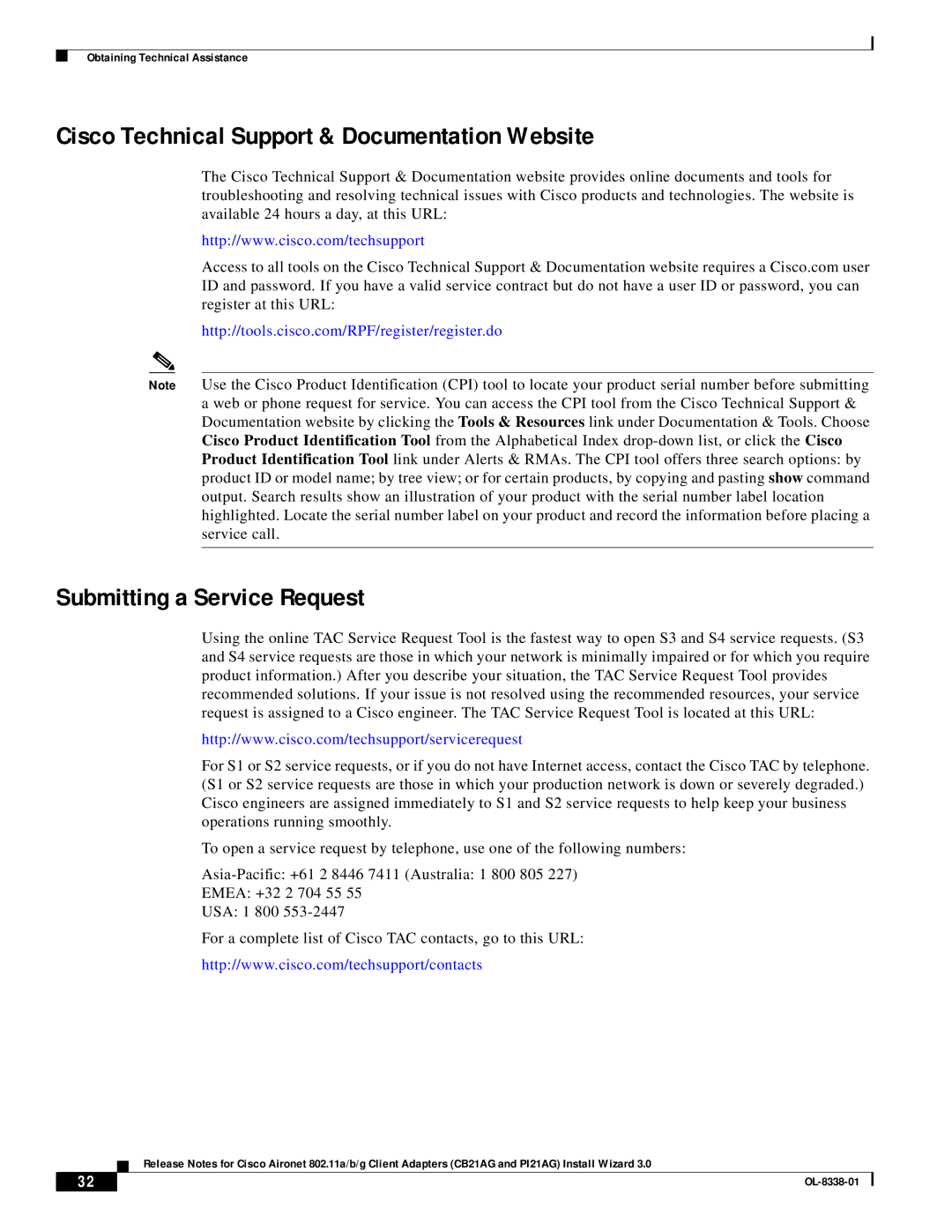 Cisco Systems CB21AG and PI21AG manual Cisco Technical Support & Documentation Website, Submitting a Service Request 