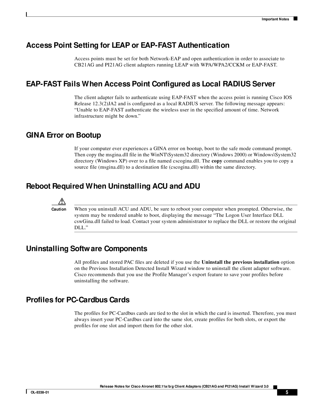 Cisco Systems CB21AG and PI21AG manual Access Point Setting for Leap or EAP-FAST Authentication, Gina Error on Bootup 