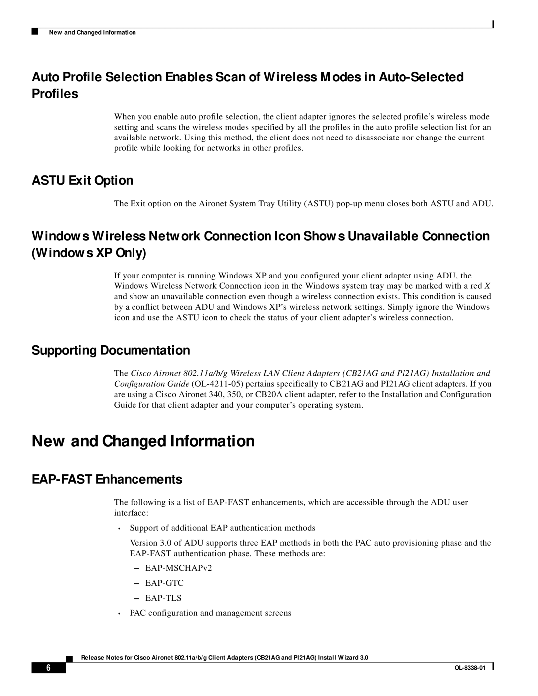 Cisco Systems CB21AG and PI21AG manual New and Changed Information, Astu Exit Option, Supporting Documentation 